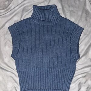 Blue Ribbed Turtleneck Fitted Sweater
